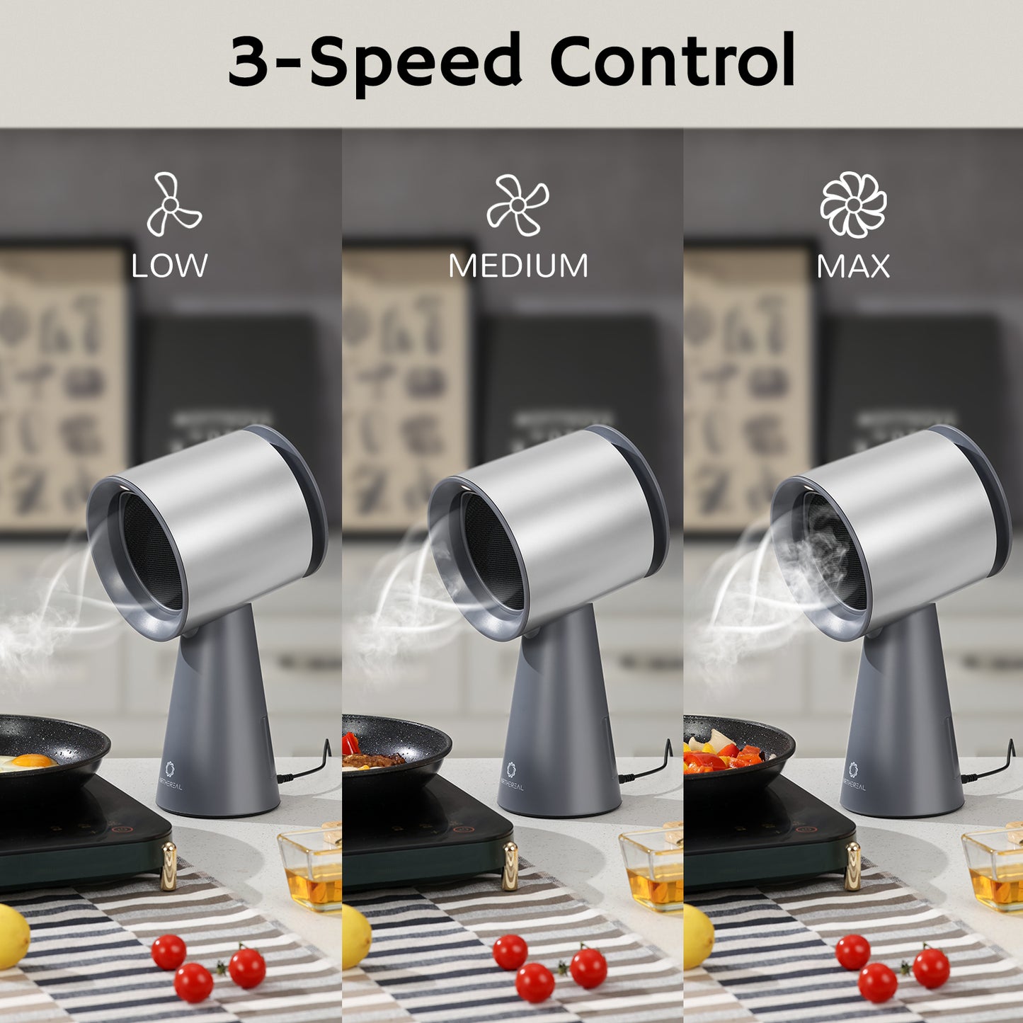 Three-speed control settings for a gray tabletop fan: low, medium, and max, with corresponding airflow effects shown above the fan in a kitchen setting.