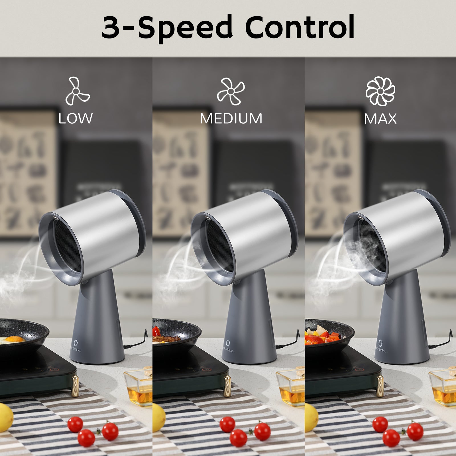 Three-speed control settings for a gray tabletop fan: low, medium, and max, with corresponding airflow effects shown above the fan in a kitchen setting.