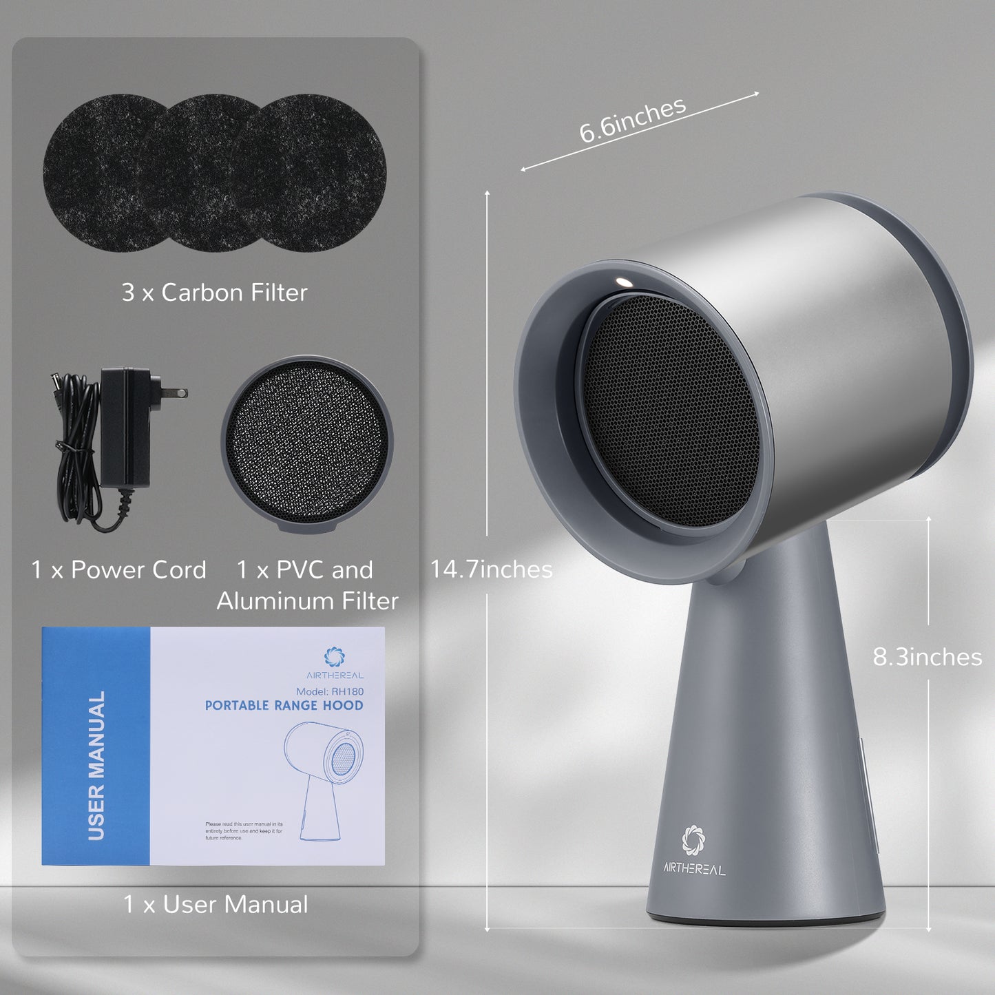 Product layout featuring a portable range hood, including dimensions, three carbon filters, one PVC and aluminum filter, power cord, and user manual.