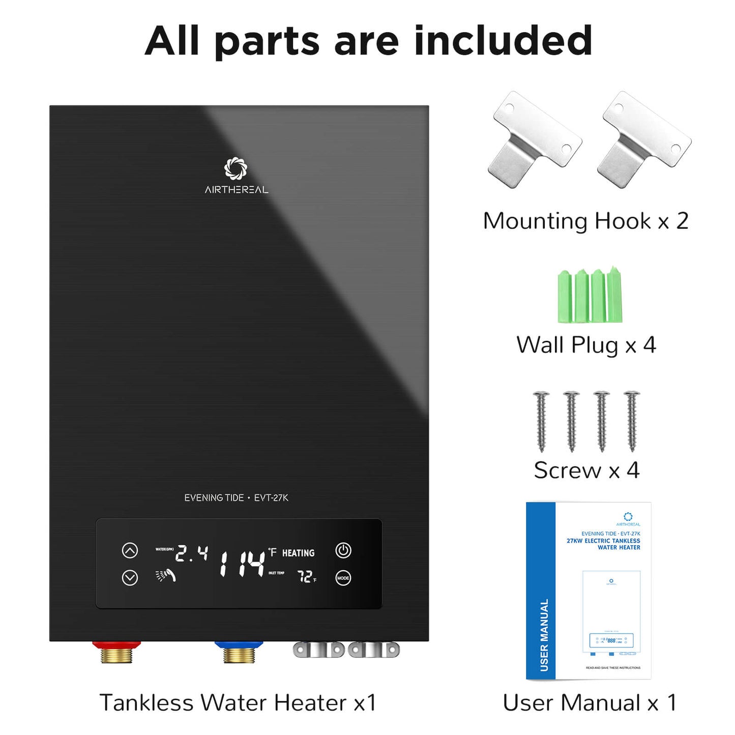 Airthereal Electric Tankless Water Heater 27kW, 240 Volts, Endless On-Demand Hot Water, Self Modulates to Save Energy Use, Small Enough to Install Anywhere, Evening Tide series