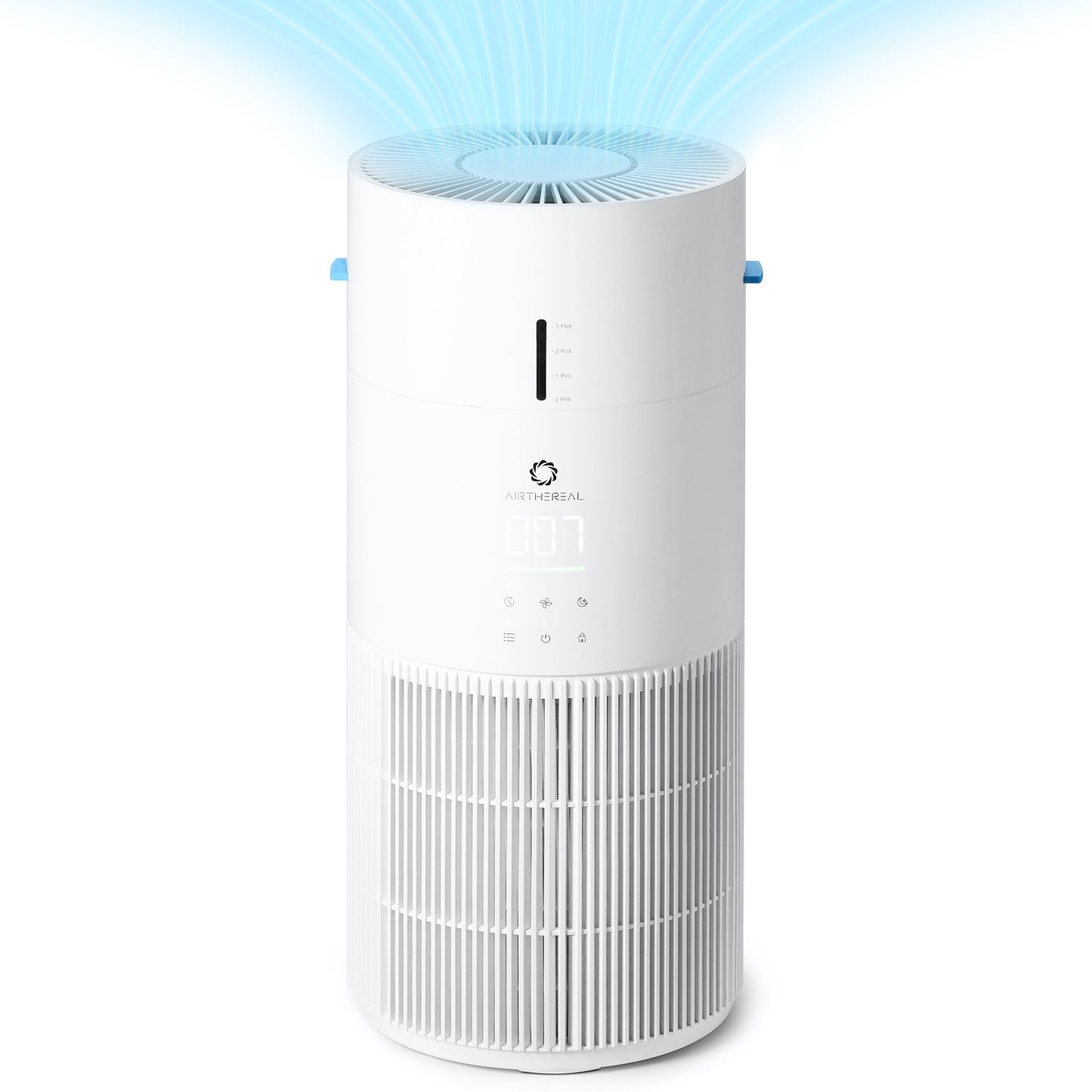White air purifier & humidifier combo with blue light on a white background