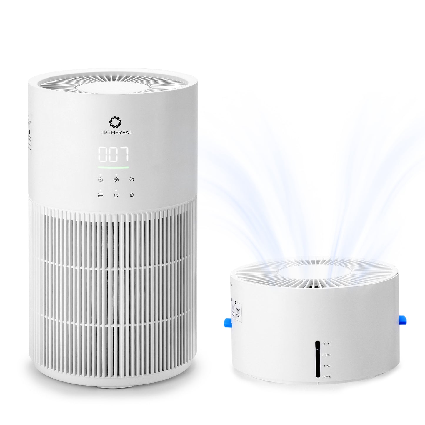 White air purifier & humidifier combo with blue light on a white background