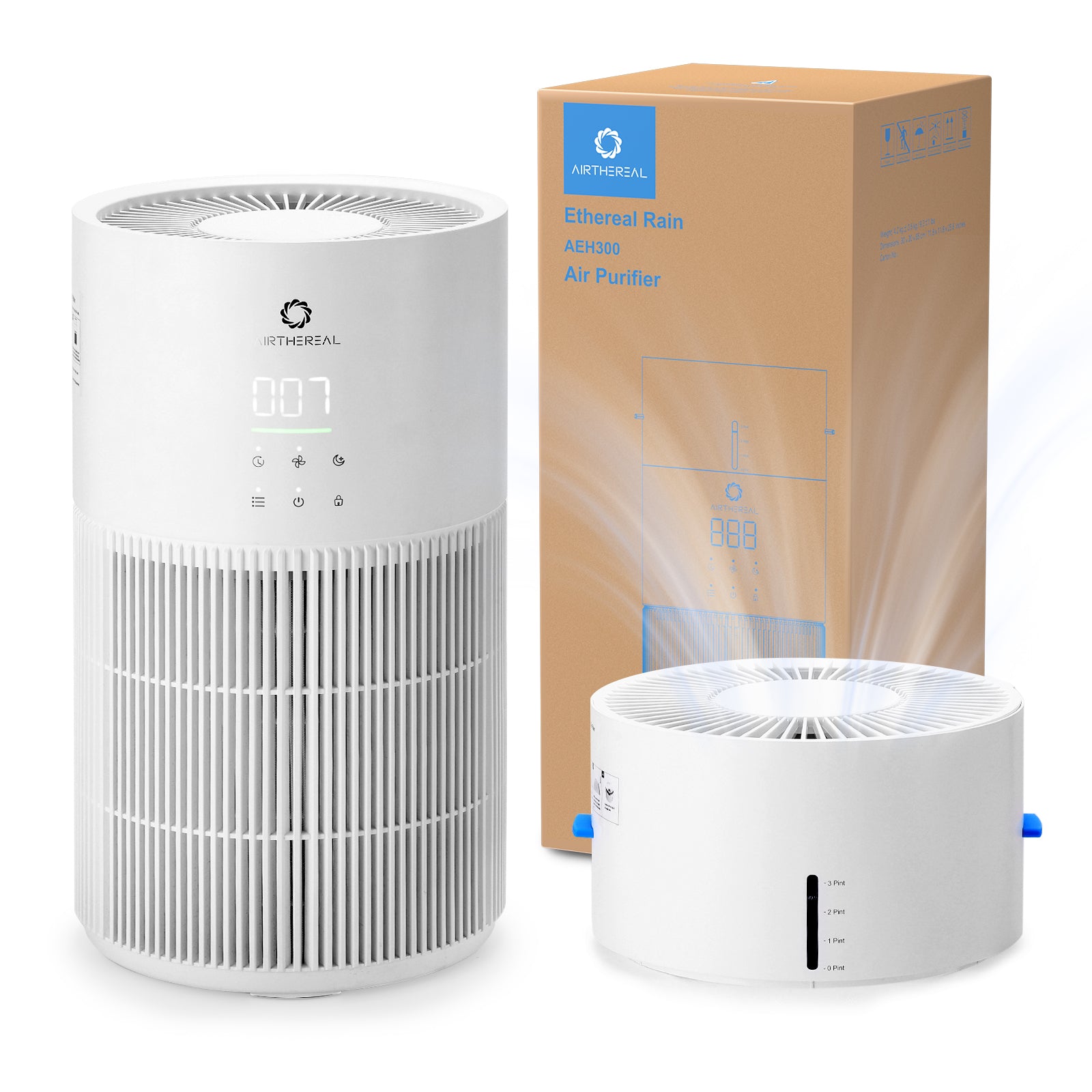White air purifier and humidifier combo with packaging on a white background