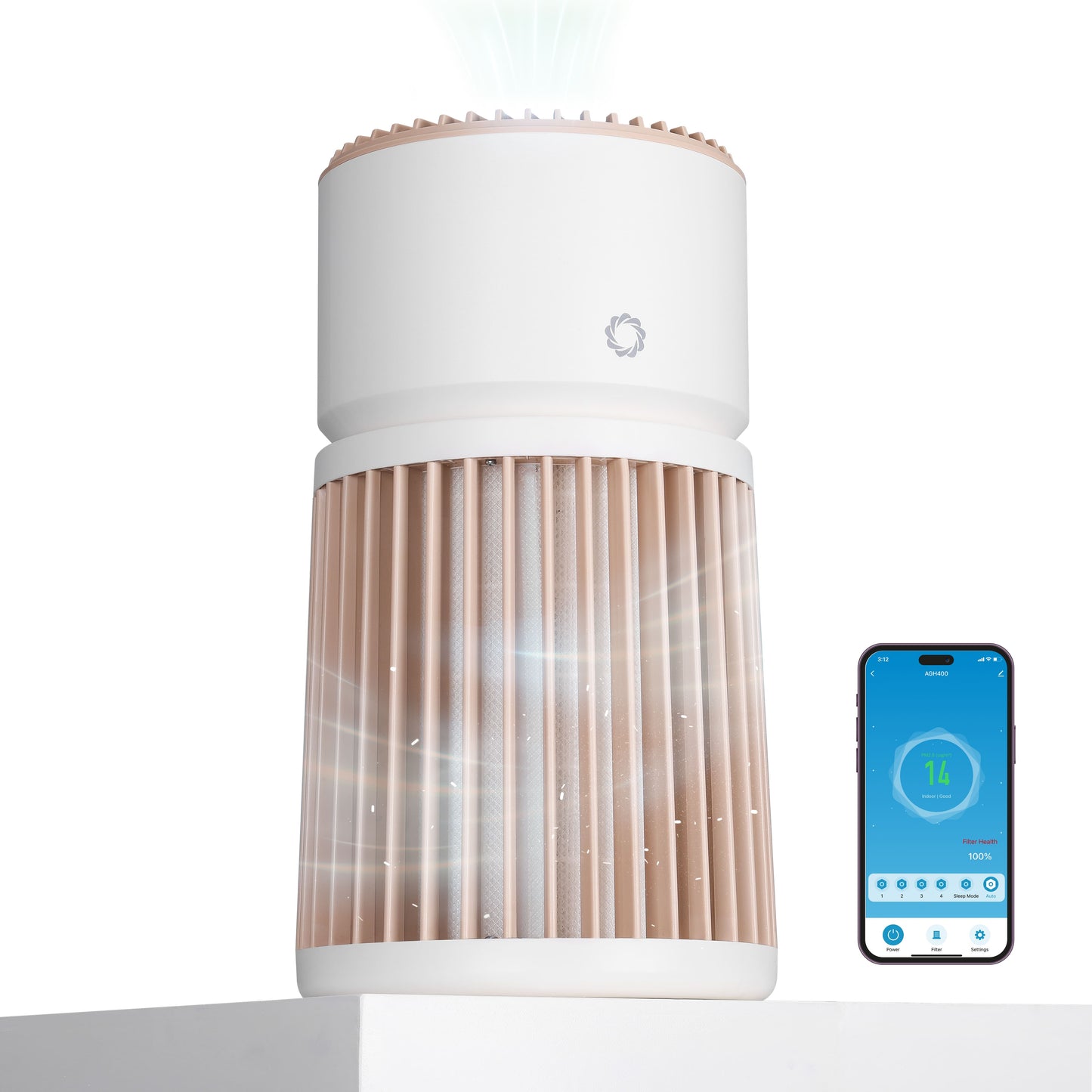 Glory Days AGH400 Pet Air Purifier emitting clean air with a smartphone app displaying current air quality reading of 14 PM2.5. The image shows the purifier's design and its connection to smart technology for monitoring air quality.