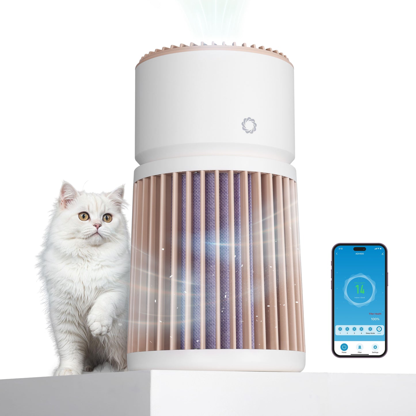 Glory Days AGH400 Pet Air Purifier with a white cat beside it. The purifier features a sleek design with visible air purification technology and is shown alongside a smartphone displaying real-time air quality data.