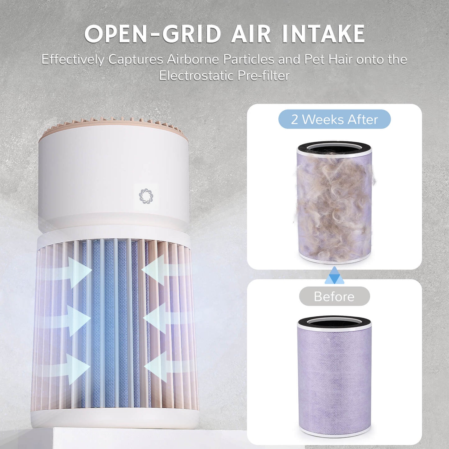 Glory Days AGH400 Pet Air Purifier featuring open-grid air intake design that captures airborne particles and pet hair onto the electrostatic pre-filter. Image shows a comparison of the pre-filter before and after two weeks of use, highlighting the effectiveness in trapping pet hair.