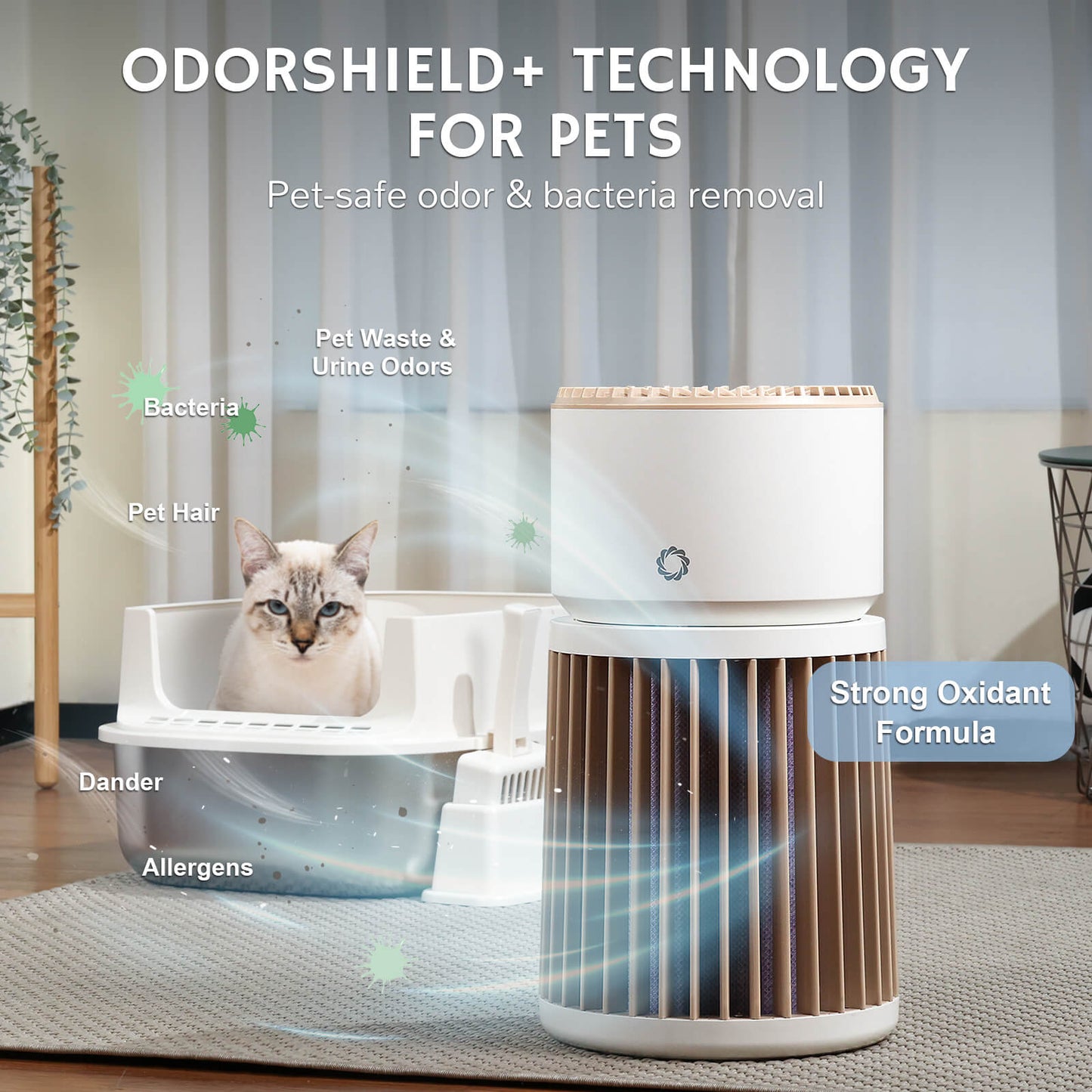 Glory Days AGH400 Pet Air Purifier showcasing OdorShield+ Technology for pet-safe odor and bacteria removal. Features a cat near a litter box, with visual indicators for pet waste odors, bacteria, pet hair, dander, and allergens being neutralized by the purifier's strong oxidant formula.