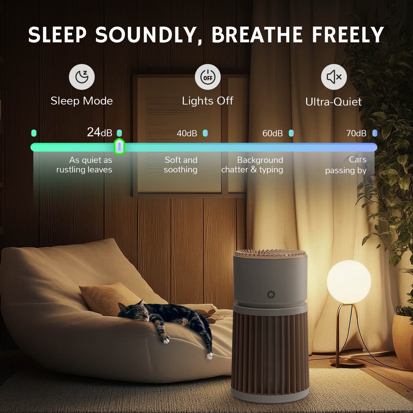 Glory Days AGH400 Pet Air Purifier in a cozy setting showing sleep mode at 24dB, as quiet as rustling leaves. The image illustrates sound levels from 24dB to 70dB, highlighting its ultra-quiet operation for better sleep. A cat is resting nearby, emphasizing a peaceful environment.