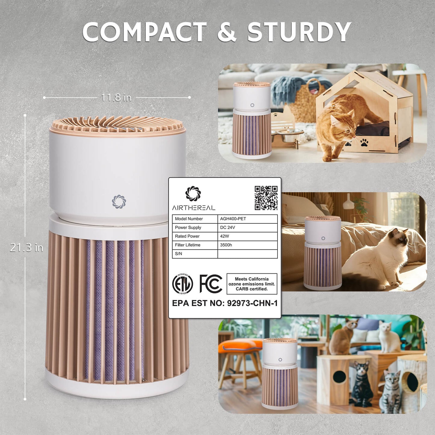 Glory Days AGH400 Pet Air Purifier displayed with dimensions 11.8 inches wide and 21.3 inches tall. The image features the product alongside cats in various cozy settings, highlighting its compact and sturdy design. Technical specifications are visible on the label, including power supply and filter lifespan.