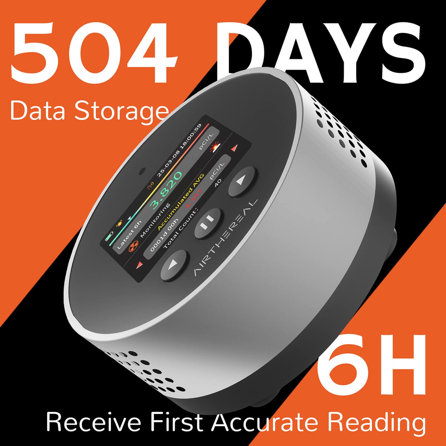 Airthereal RM - 65 Radon Detector for Home Basement. Shows 504 days data storage, 6H first accurate reading, with screen and buttons.