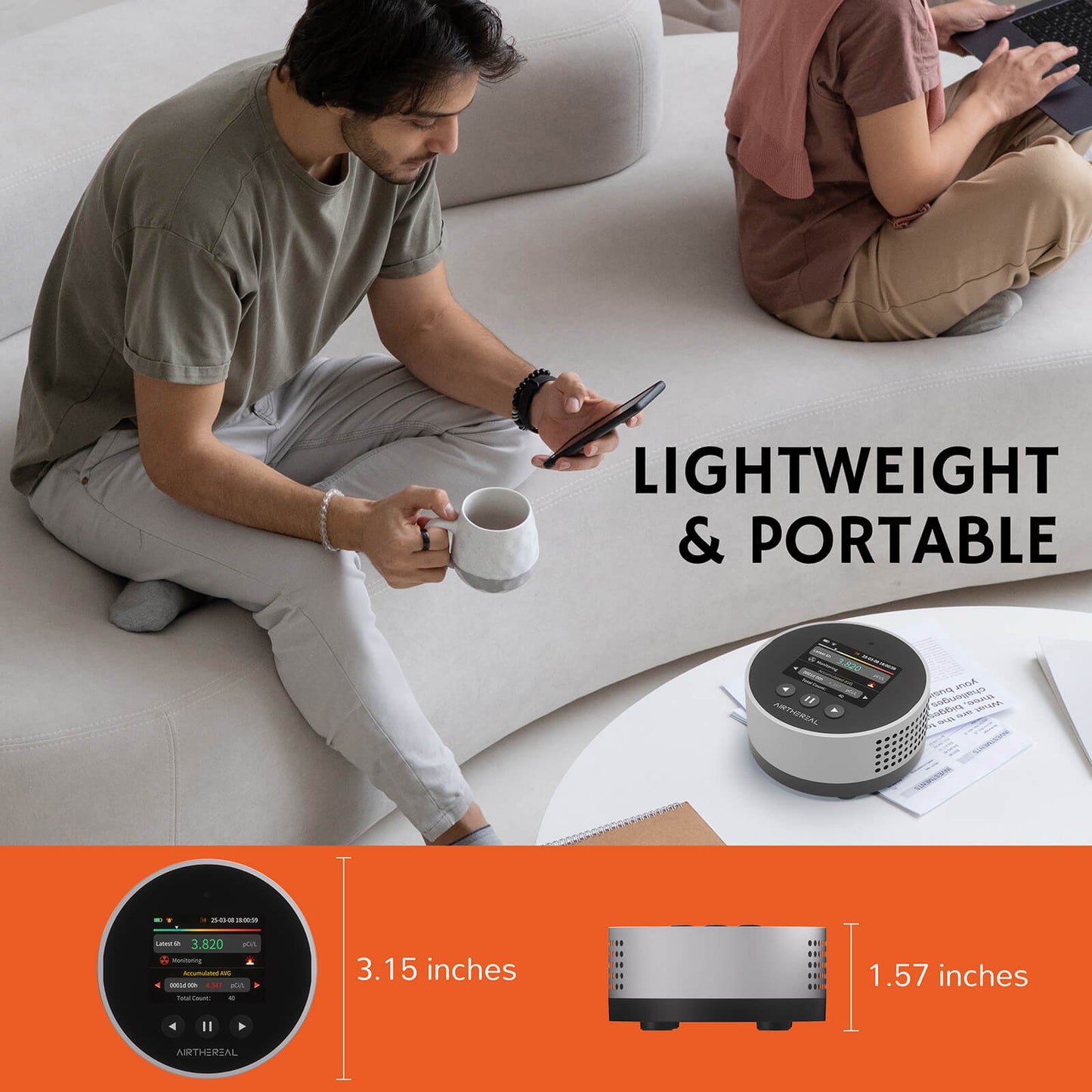 Airthereal radon detector on a table. A person sits nearby with a mug and phone. Text: “LIGHTWEIGHT & PORTABLE”. Dimensions: 3.15 inches (width), 1.57 inches (height).