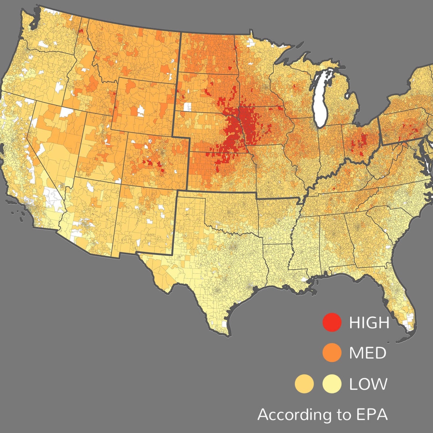 U.S. map showing radon risk zones (HIGH: red, MED: orange, LOW: yellow) per EPA.