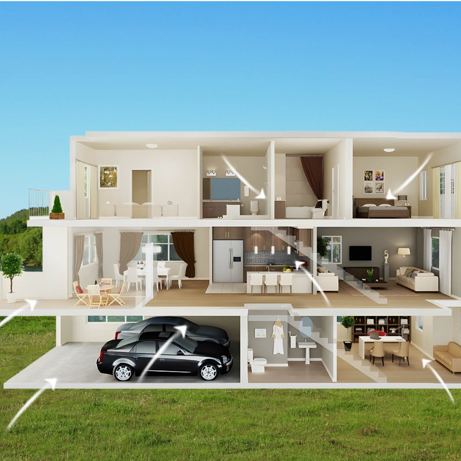 Cross - section of a multi - level house with arrows showing air flow paths. Features living spaces, garage, and outdoor greenery. Relevant to radon detector use in home environments.