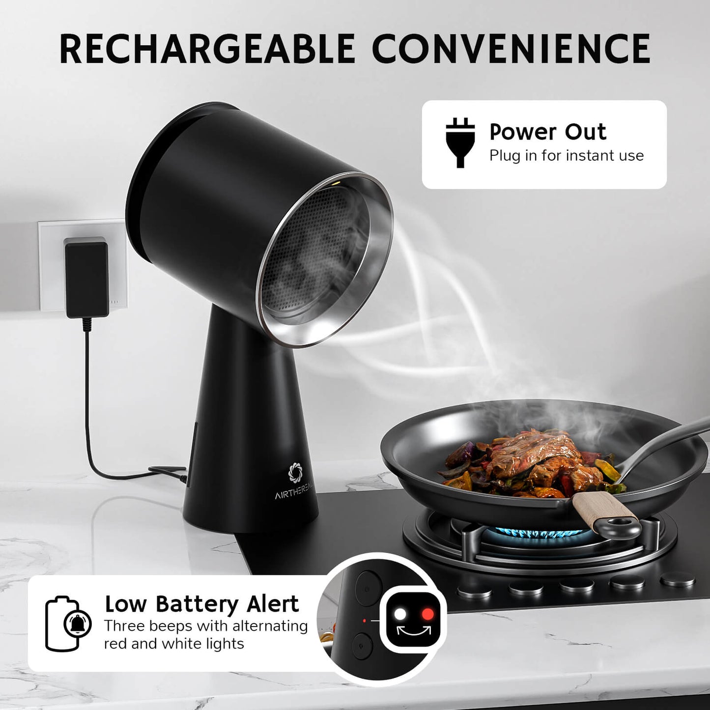 Rechargeable kitchen device with plug-in capability for instant use and a low battery alert featuring three beeps and alternating red and white lights.