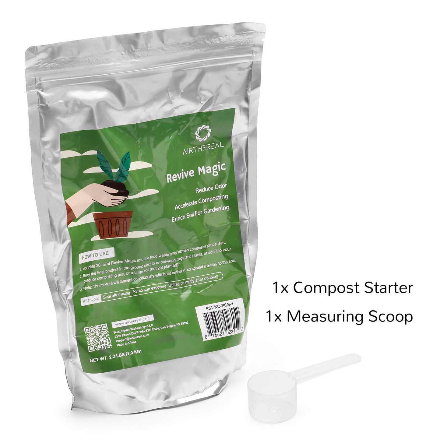 A silver pouch labeled "Revive Magic" contains a compost starter and measuring scoop, designed to enhance gardening.