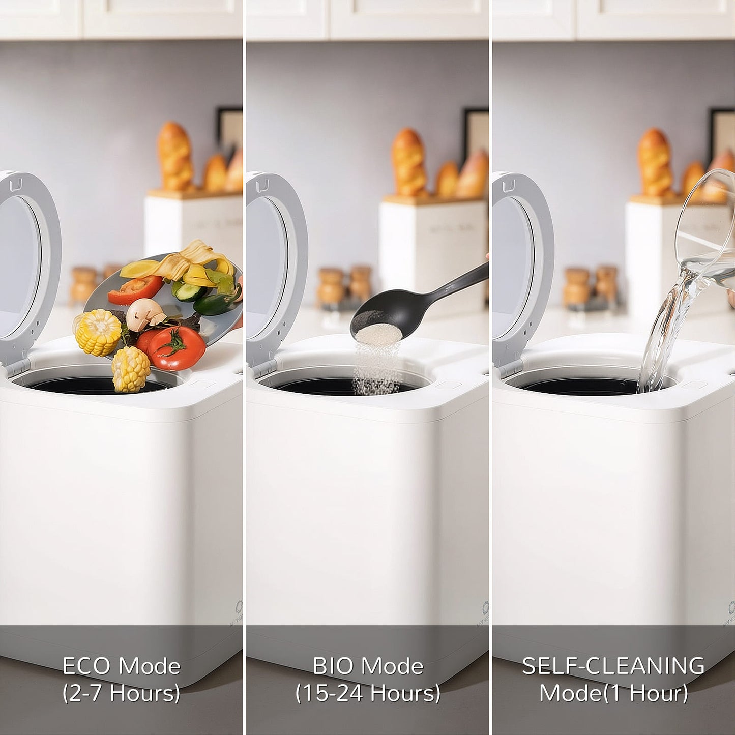 Three modes of a kitchen appliance with food waste disposal, labeled ECO, BIO, and SELF-CLEANING.