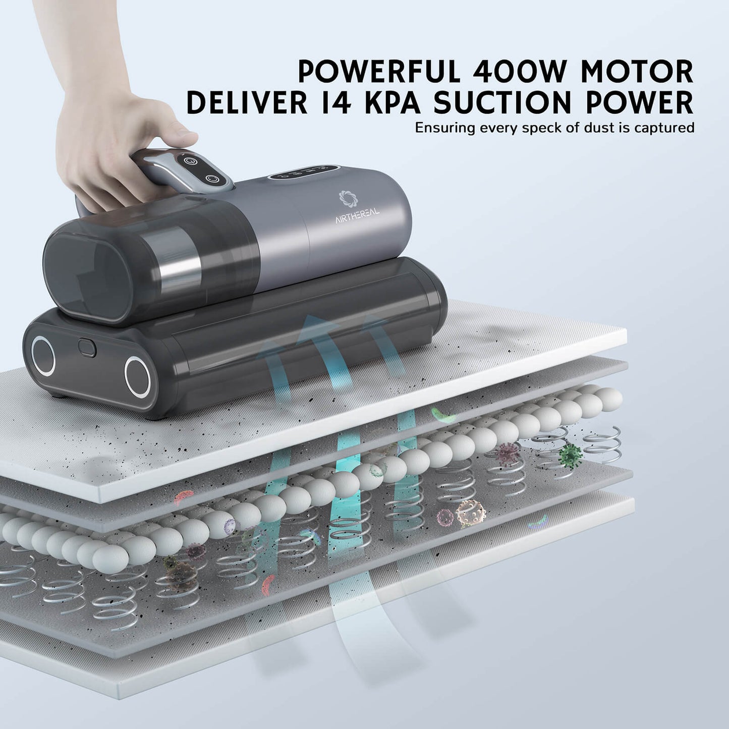 Powerful handheld vacuum with a 400W motor, delivering 14 kPa suction power, designed to capture all dust particles.