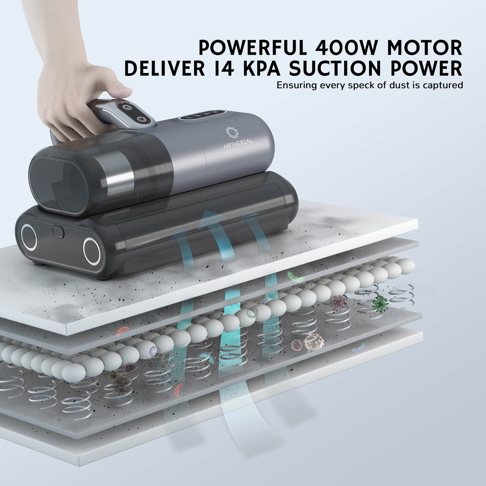 Powerful handheld vacuum with a 400W motor, delivering 14 kPa suction power, designed to capture all dust particles.