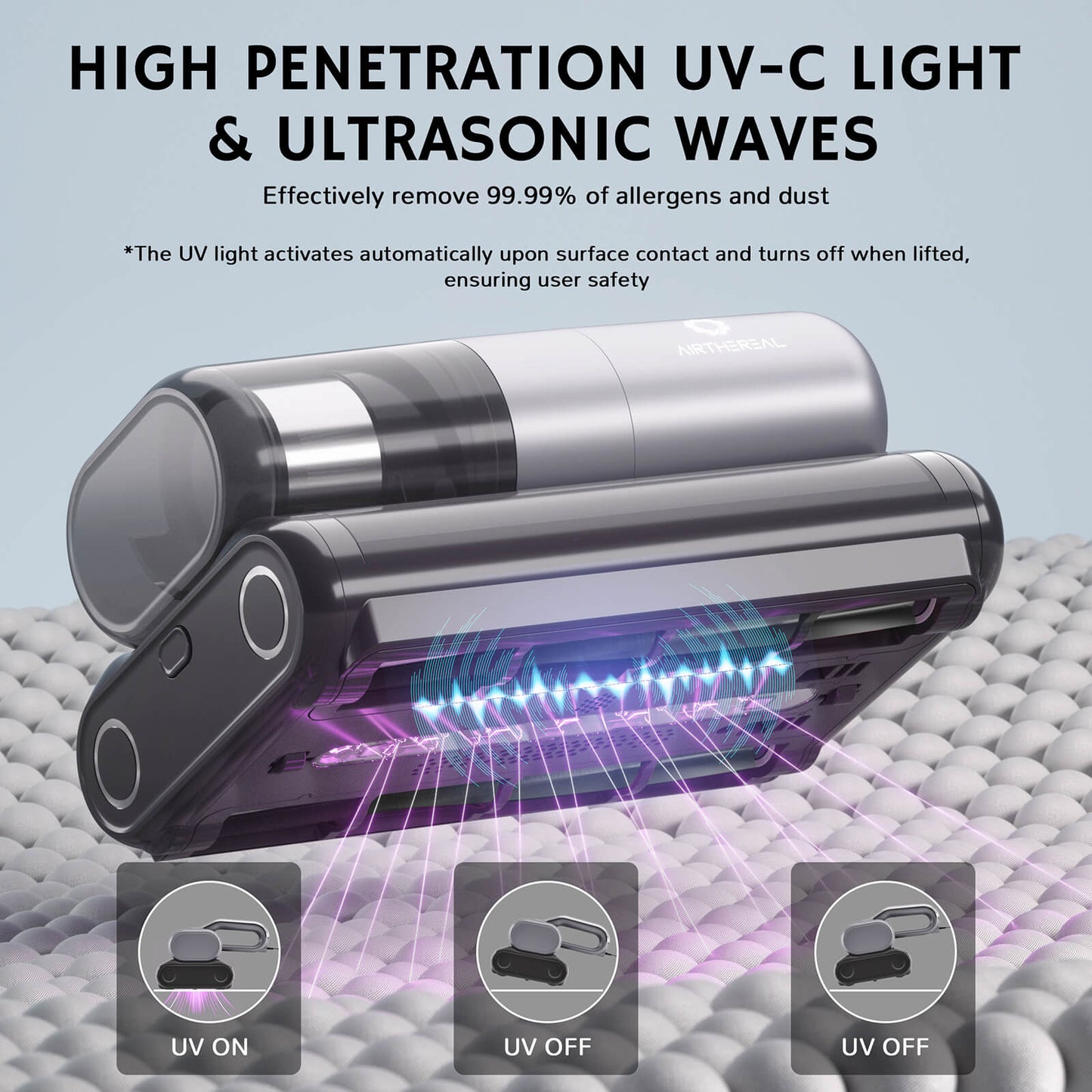 Handheld vacuum featuring high penetration UV-C light and ultrasonic waves, effectively removing 99.99% of allergens and dust.