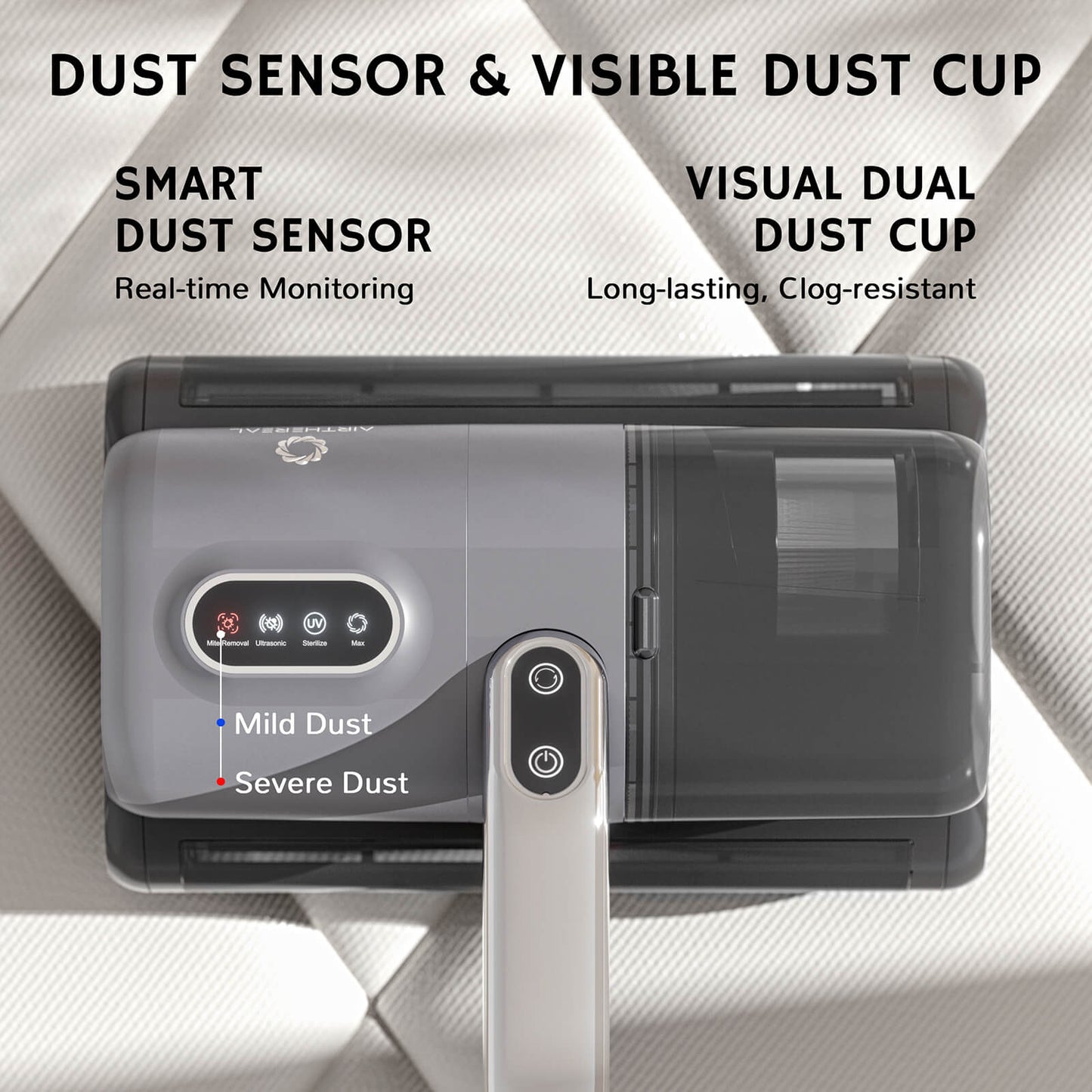 Handheld vacuum with a smart dust sensor for real-time monitoring and a visible dual dust cup, designed for durability and clog resistance.