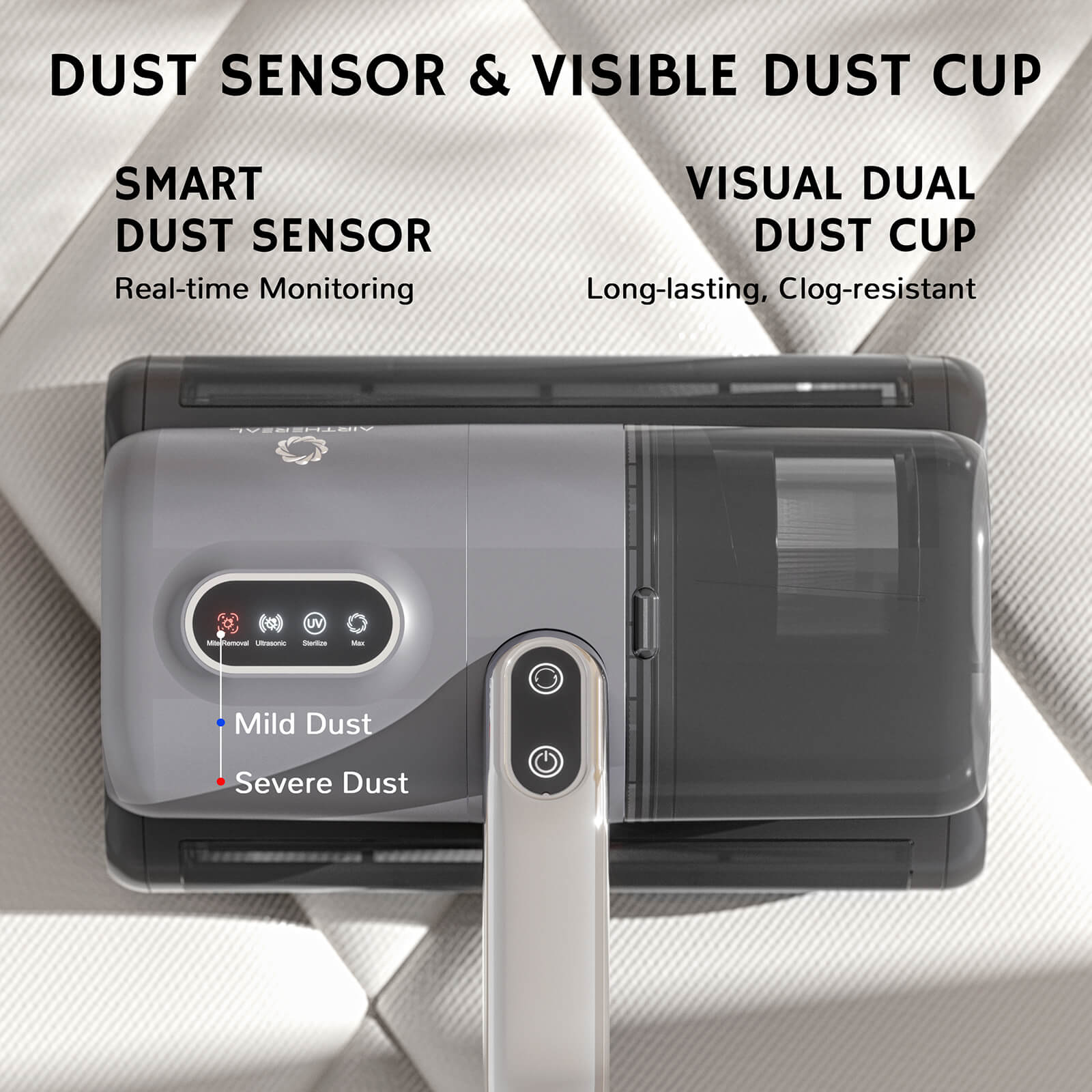 Handheld vacuum with a smart dust sensor for real-time monitoring and a visible dual dust cup, designed for durability and clog resistance.