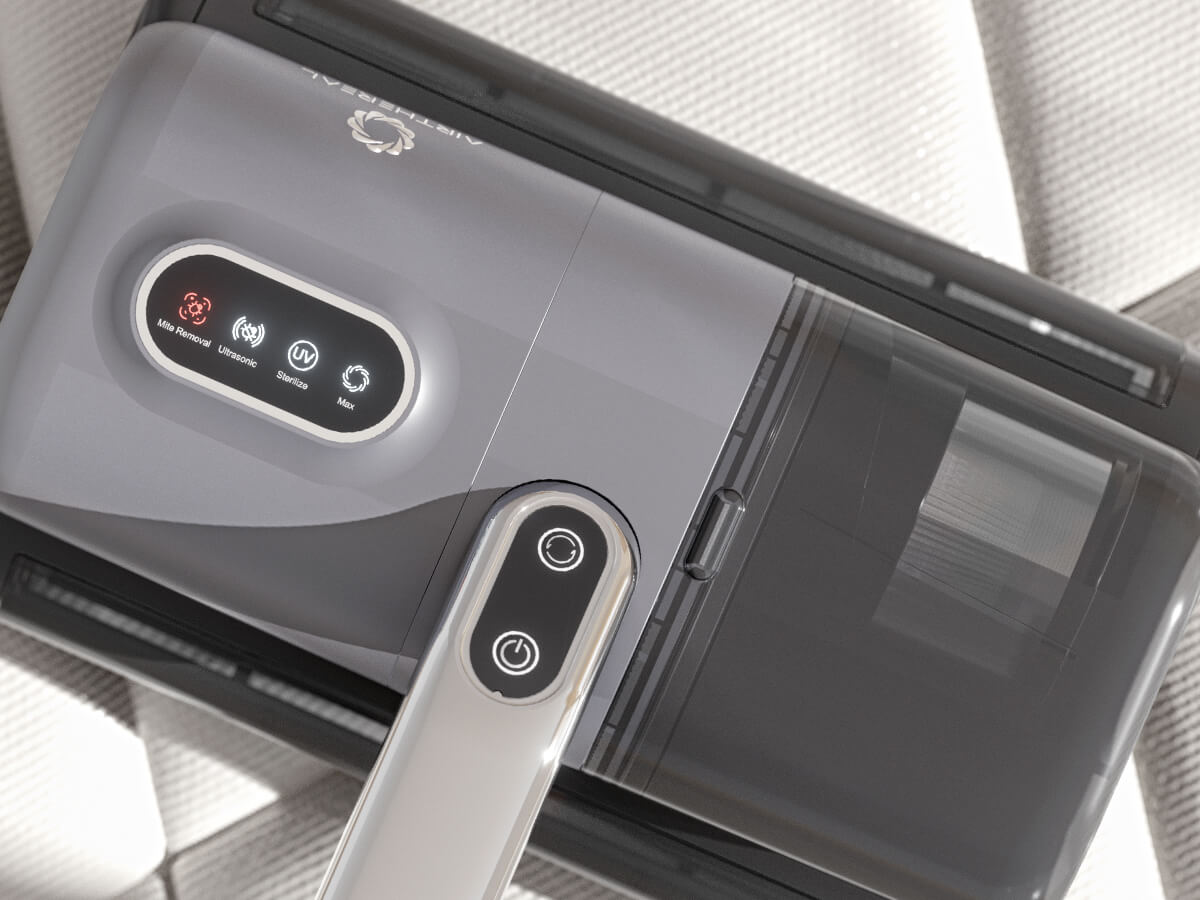 Control panel of a cleaning device featuring buttons for mite removal, ultrasonic cleaning, UV light, and a power switch, with an ergonomic handle for easy operation.