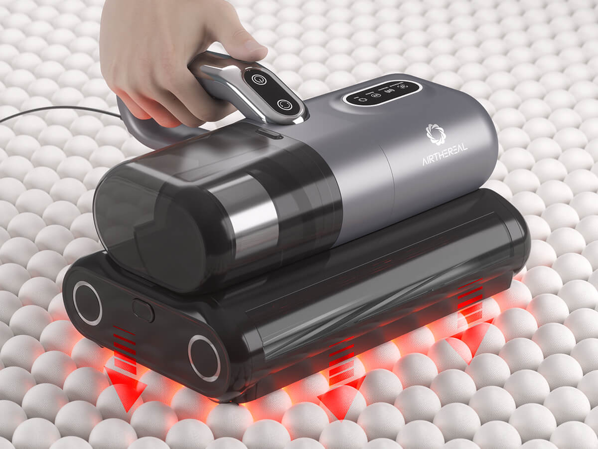 A hand holding a cleaning device over a surface, with red laser indicators showing active cleaning mode and highlighting the device's operation on the textured surface.