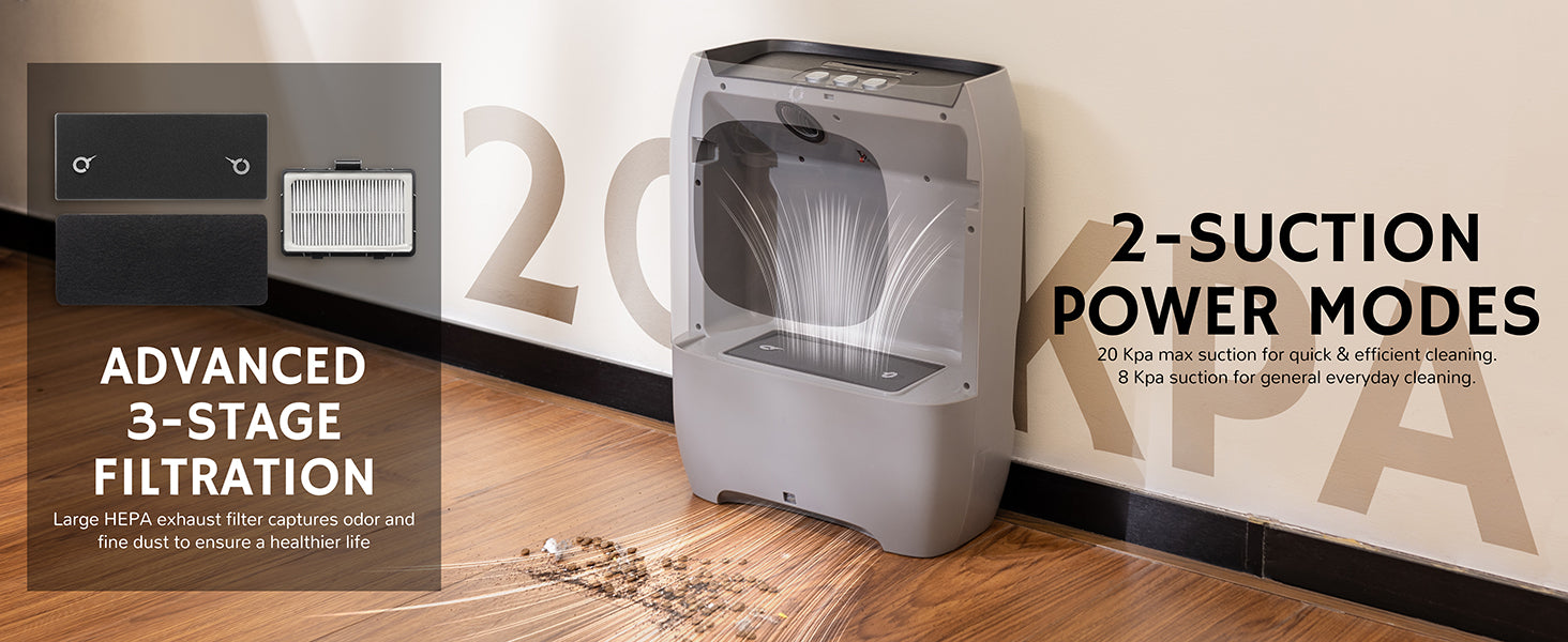 A close-up of the Airthereal TI automatic dustpan, showcasing its advanced three-stage filtration system and highlighting two suction power modes: 20 kPa for quick cleaning and 8 kPa for everyday use.