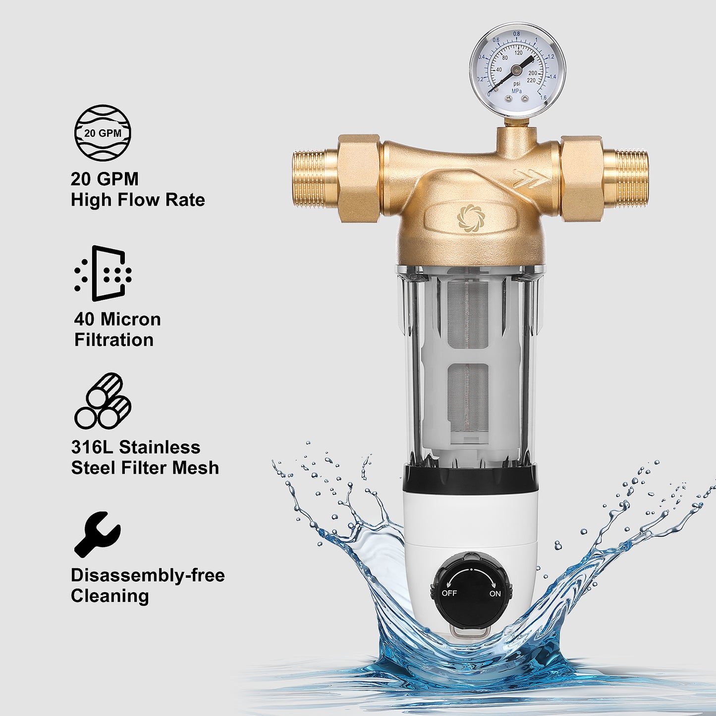 Airthereal Spin Down Water Sediment Filter, Pre-Filtration System for Whole Home, Water Filter for City and Well Water, Sediment Backwash Filter with Automatic Flushing, 40 Micron Flushable Pre Filter Filtration