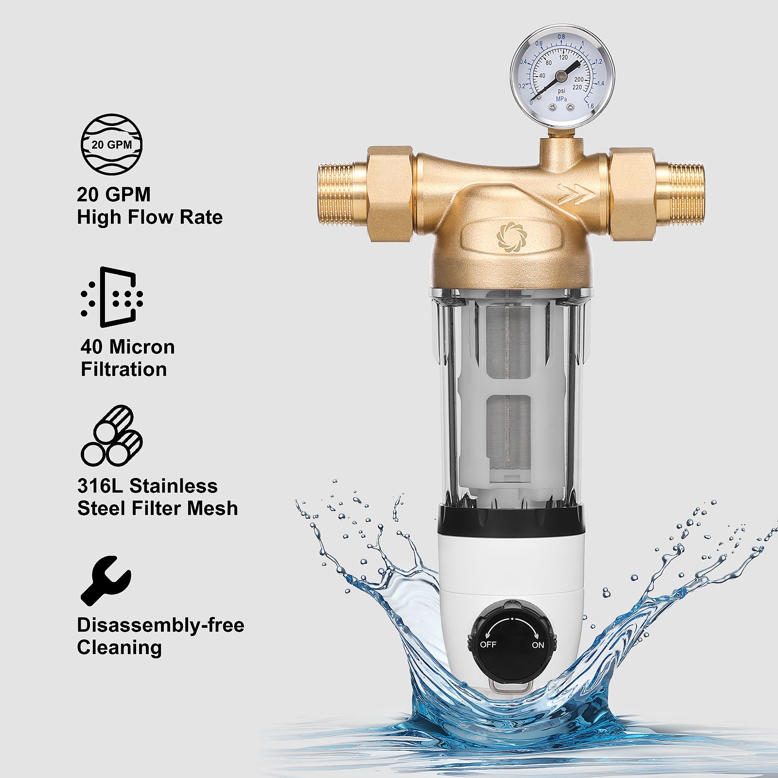 Airthereal Spin Down Water Sediment Filter, Pre-Filtration System for Whole Home, Water Filter for City and Well Water, Sediment Backwash Filter with Automatic Flushing, 40 Micron Flushable Pre Filter Filtration