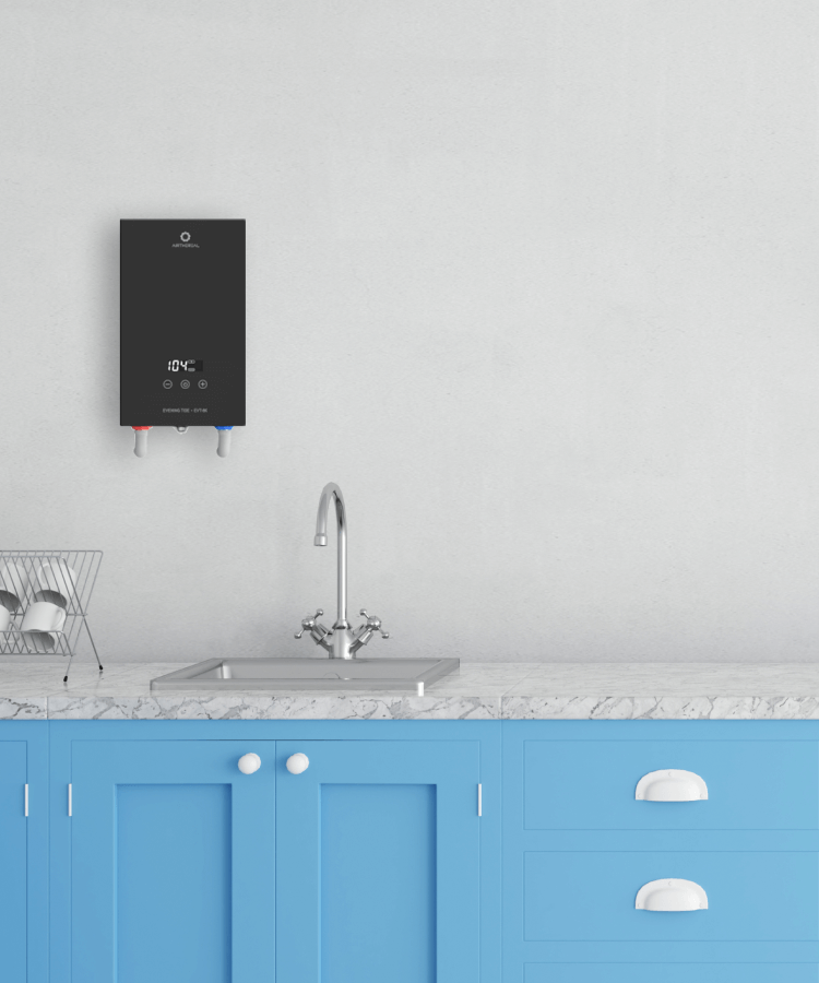 Modern kitchen featuring a sleek black water heater mounted above a stainless steel sink.
