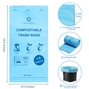 Airthereal 100% Compostable 1.6 Gallon Trash Bags, Biodegradable, Kitchen-Friendly Waste Solution for R500 Revive Electric Composter, OK Compost Home and TUV Certified (150 Count, 1.6 Gallon, Blue)