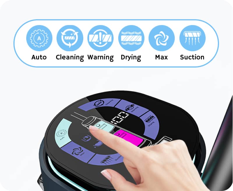 Close-up of a robotic vacuum cleaner’s control panel with icons for Auto, Cleaning, Warning, Drying, Max, and Suction modes being operated by a human finger.