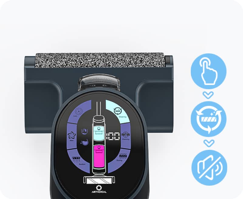 Vacuum cleaner control panel with buttons for power, mode selection, and other functions.