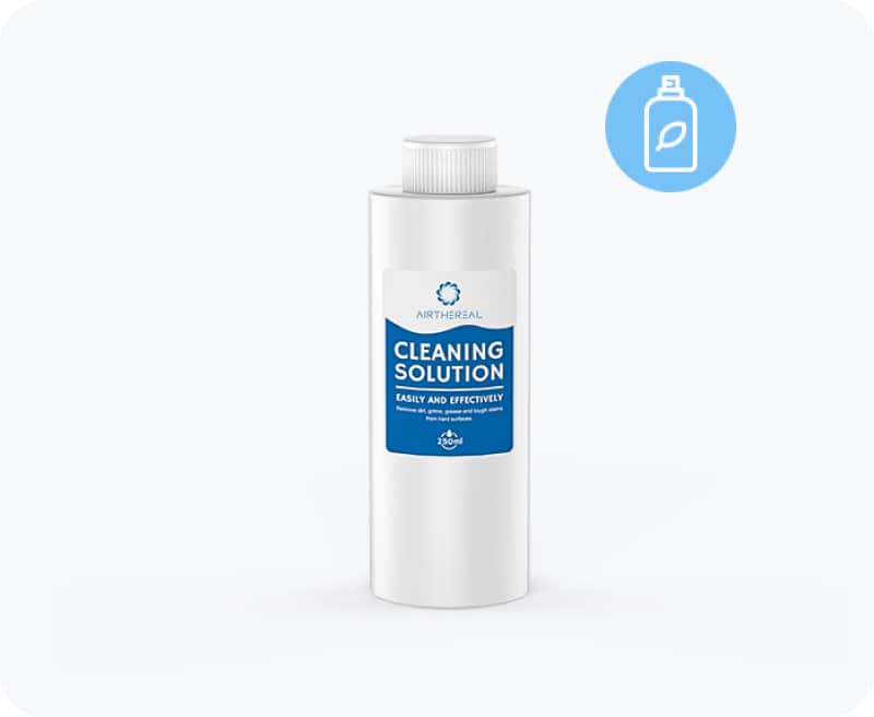 A white bottle labeled "AIRTHEREAL CLEANING SOLUTION" with a blue leaf icon, indicating an environmentally friendly cleaning product.