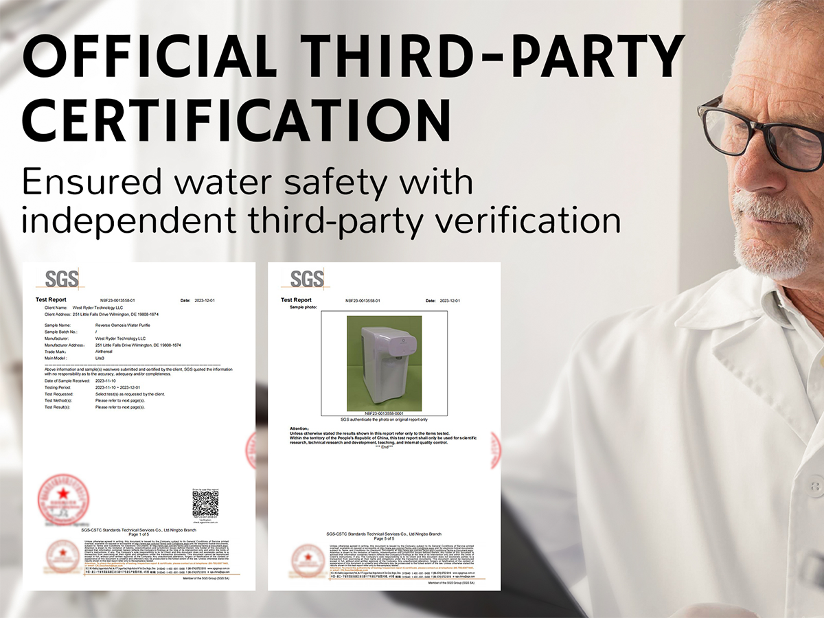 Official third-party certification documents for water safety verification.