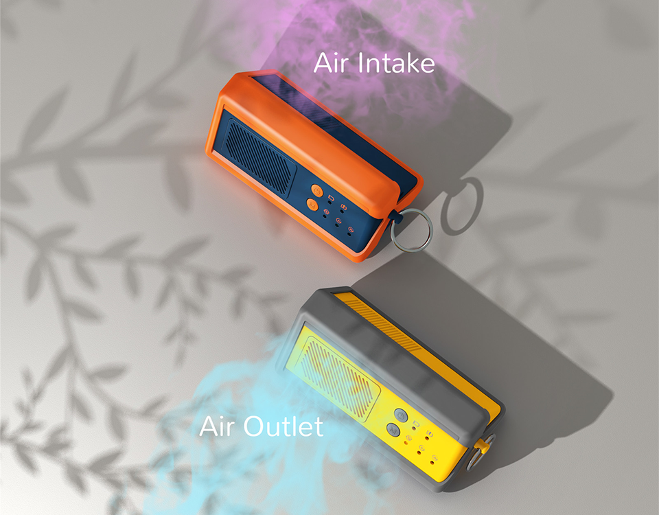 Two portable air purifiers, one labeled ‘Air Intake’ with purple airflow and the other labeled ‘Air Outlet’ with blue airflow.