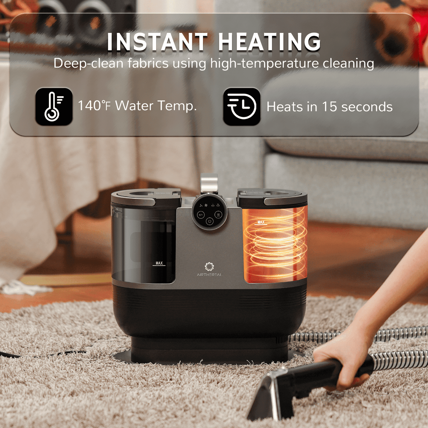 Airthereal Portable Upholstery Cleaner, Instant Heating Fabric Spot Cleaner with Self-Cleaning, Powerful 14 Kpa Stain Remover for Pet Stains, Stairs, Car Seats, and Couches, 140℉ Deep Cleaning