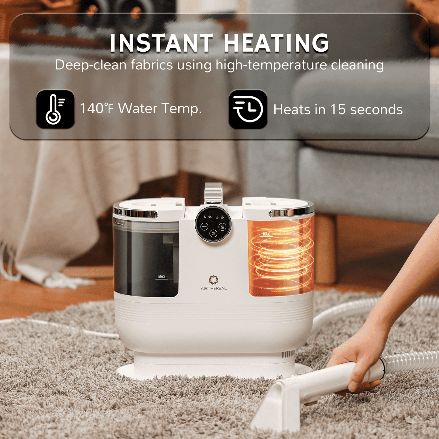 Airthereal Portable Upholstery Cleaner, Instant Heating Fabric Spot Cleaner with Self-Cleaning, Powerful 14 Kpa Stain Remover for Pet Stains, Stairs, Car Seats, and Couches, 140℉ Deep Cleaning