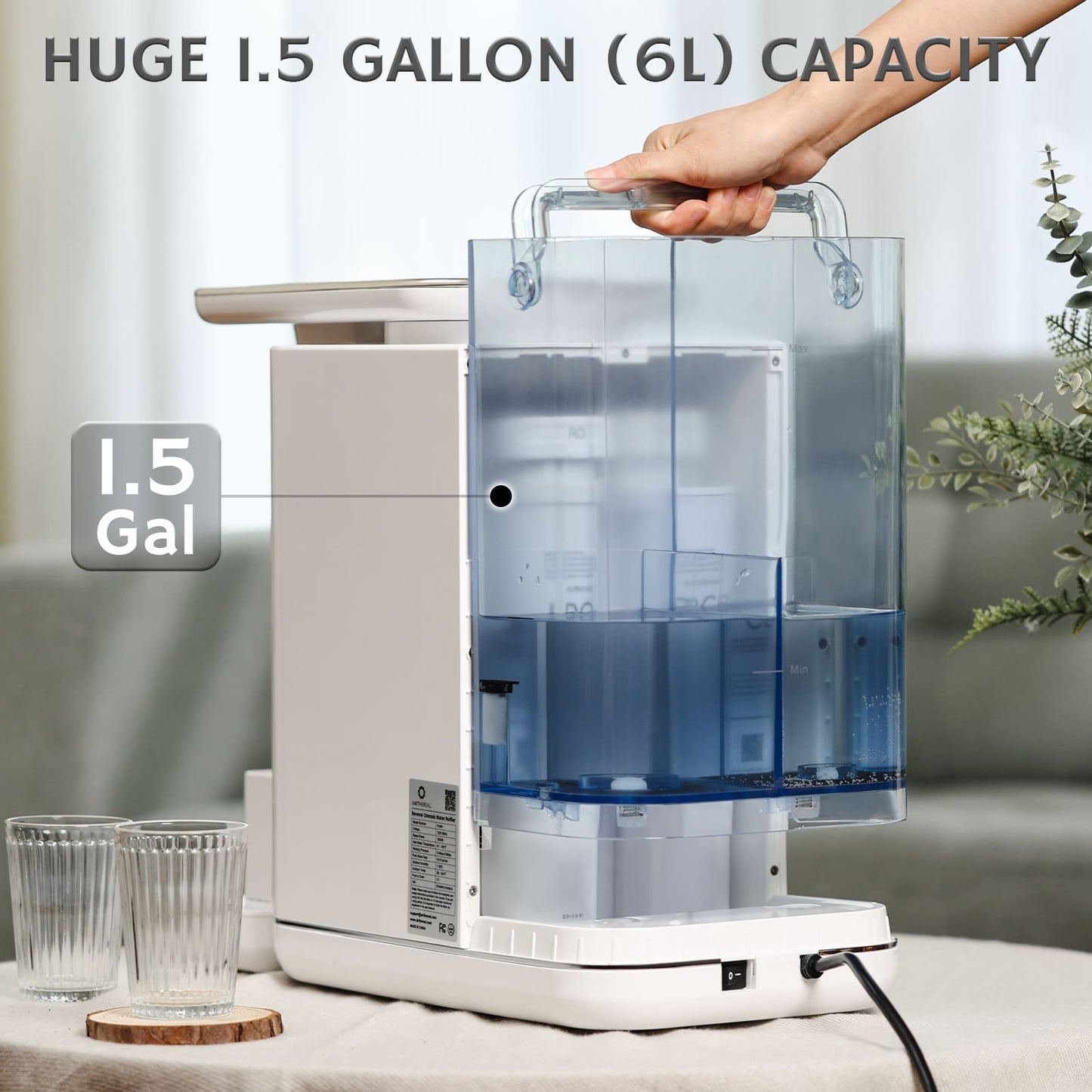 Countertop water dispenser with touch controls, dispensing water into a clear cup.