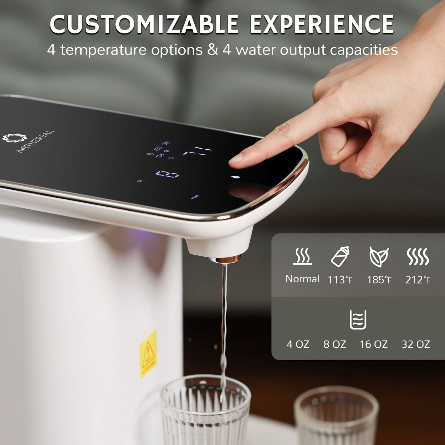 Countertop water dispenser with touch controls, dispensing water into a clear cup.