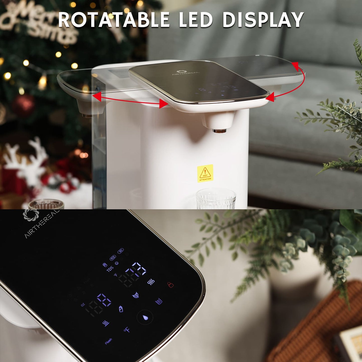 Countertop water dispenser with touch controls, dispensing water into a clear cup.