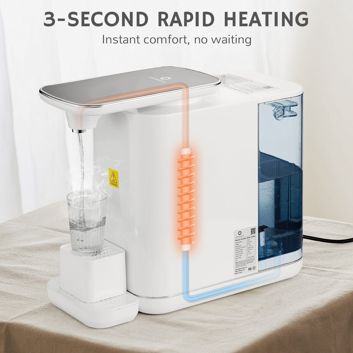 Countertop water dispenser with touch controls, dispensing water into a clear cup.