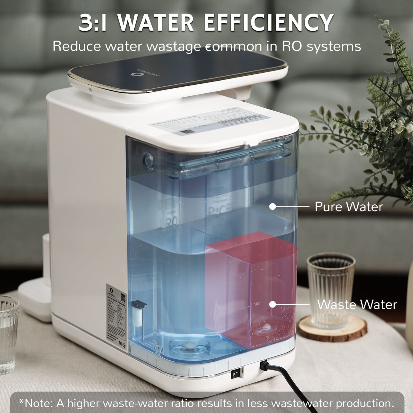 Countertop water dispenser with touch controls, dispensing water into a clear cup.