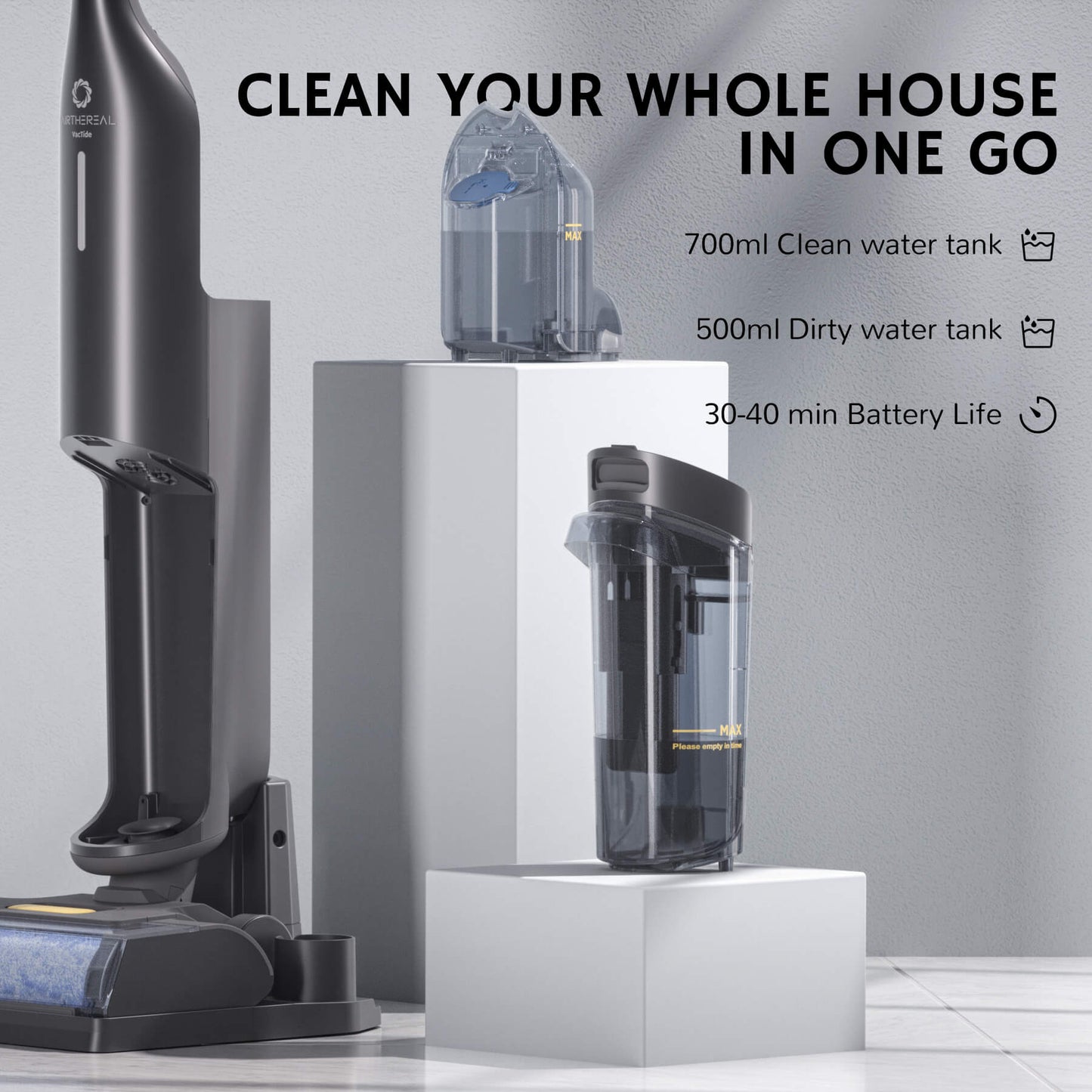 Airthereal VacTide V1 Smart Wet Dry Vacuum Cleaner, Cordless Hard Floor Cleaner Vacuum Mop All in One with Self-Cleaning, Smart Voice Assistant with Extra Brush-Roll and Filter, Gray