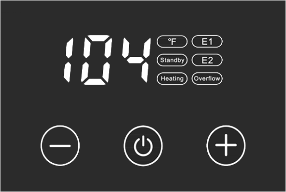An upgraded LED control panel for a water heating system displaying various temperatures, modes, and water flow information.