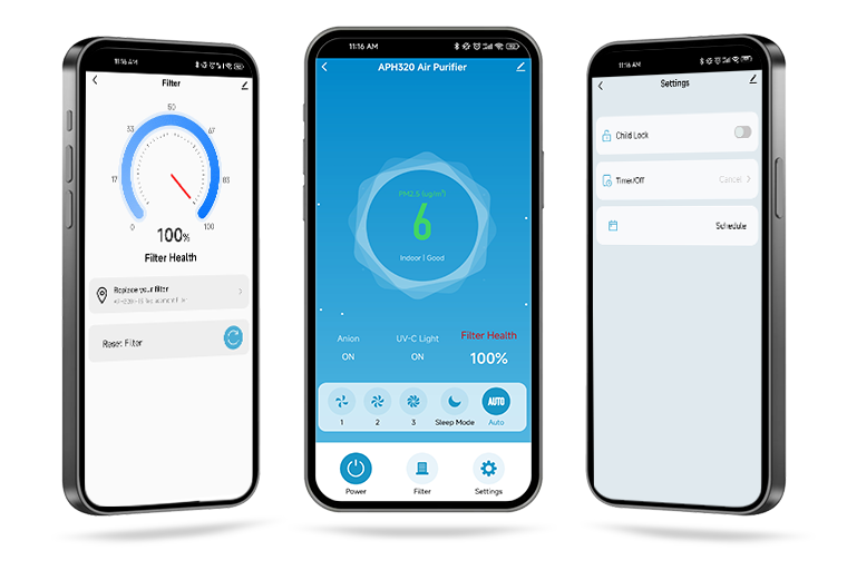 Smartphone app interface for an air purifier with controls, filter health, and indoor air quality indicators.