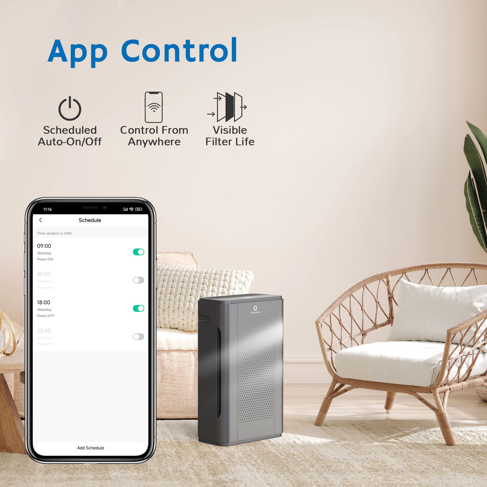 Airthereal APH320 WiFi Air Purifier for Home, Large Room  - App Control - Control From Anywhere - Scheduled Auto-On/Off -  Visible Filter Life