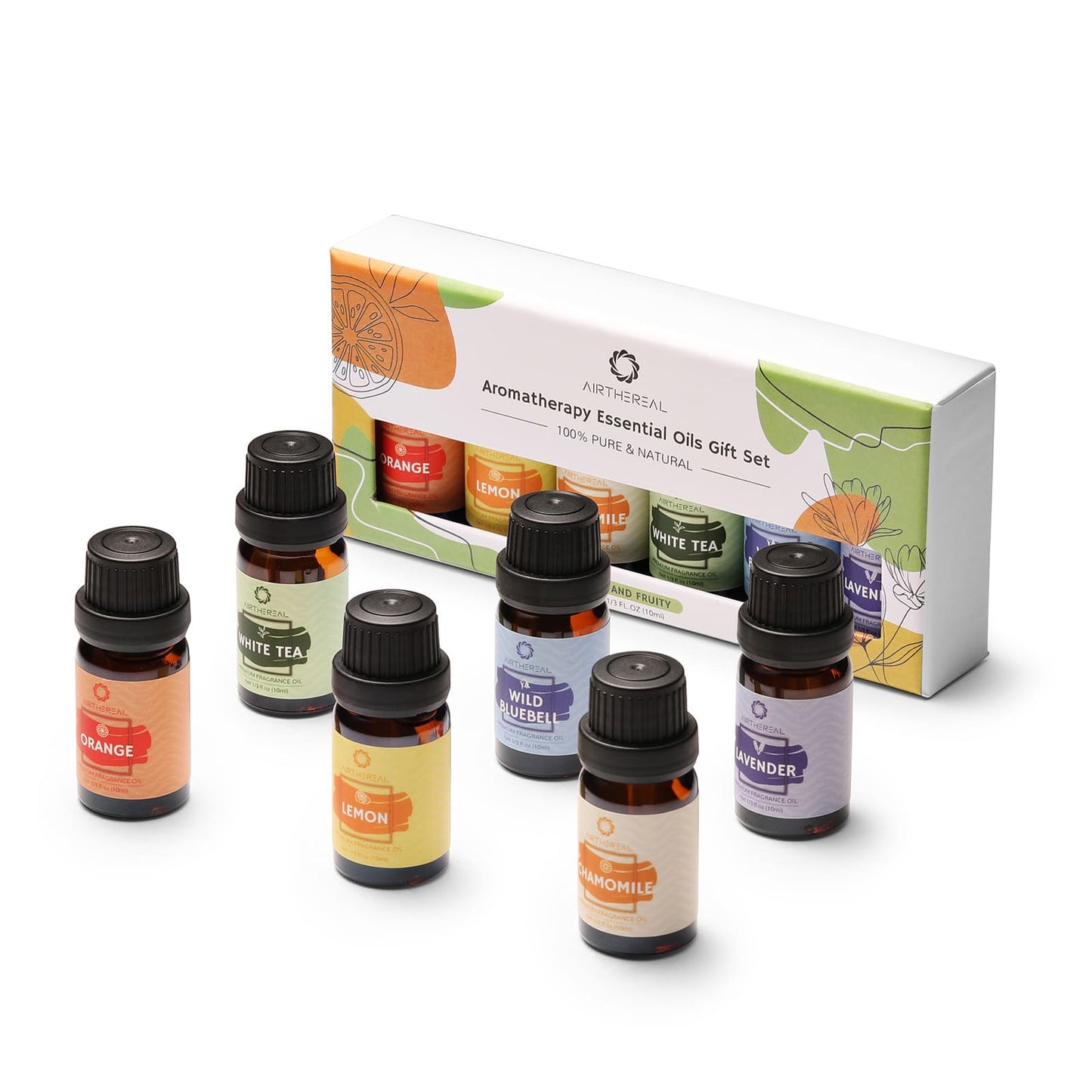 Airthereal Aromatherapy Essential Oils Gift Set, Floral and Fruity Collection - 100% Pure Natural, 6 Scents, 10ml Bottles - Chamomile, Lavender, Lemon, Orange, White Tea, Wild Bluebell