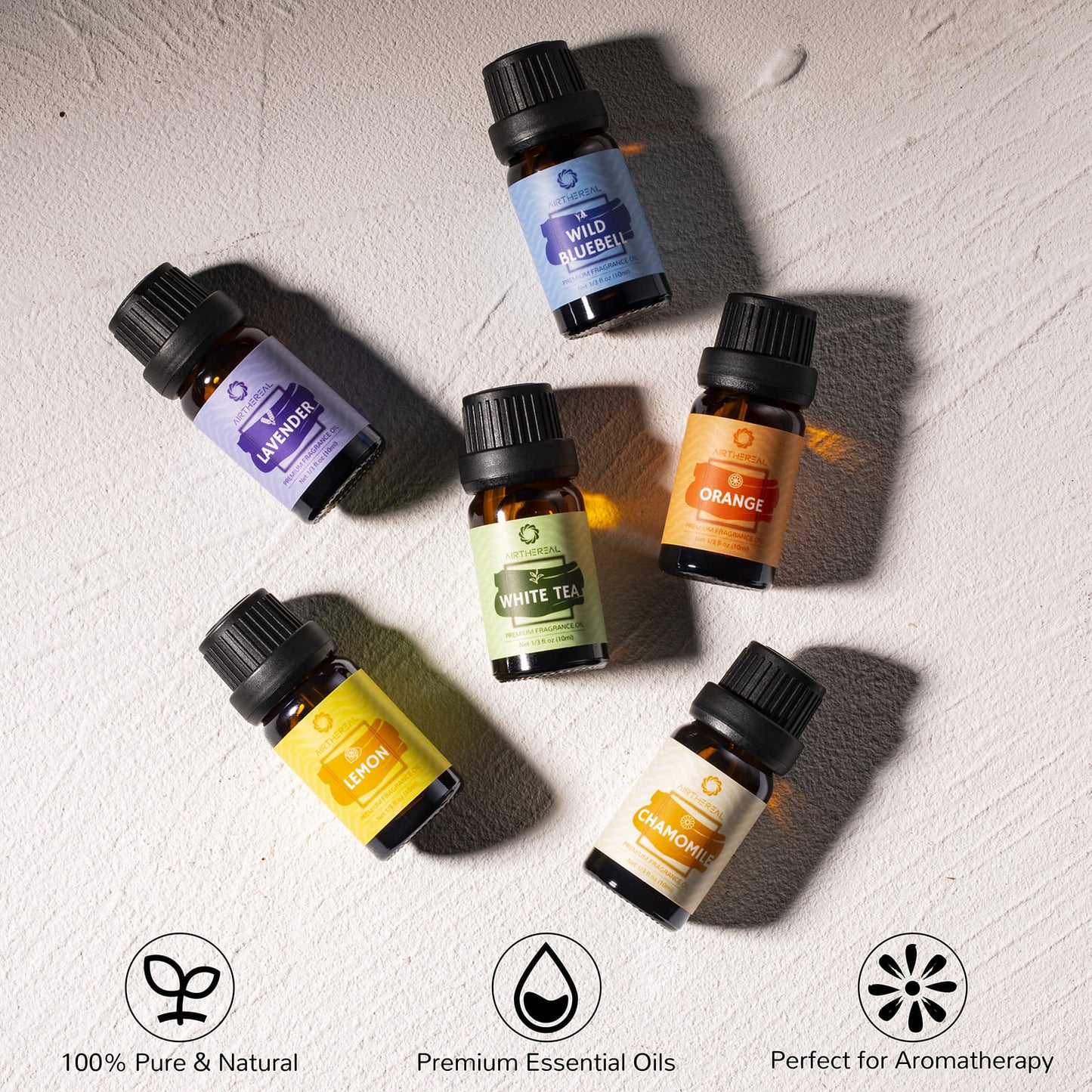 Floral and Fruity Collection: This set includes chamomile and lavender oils for relaxing, citrusy lemon and orange for boosting your mood, white tea for zen garden vibes, and wild bluebell which smells like a fresh spring day.